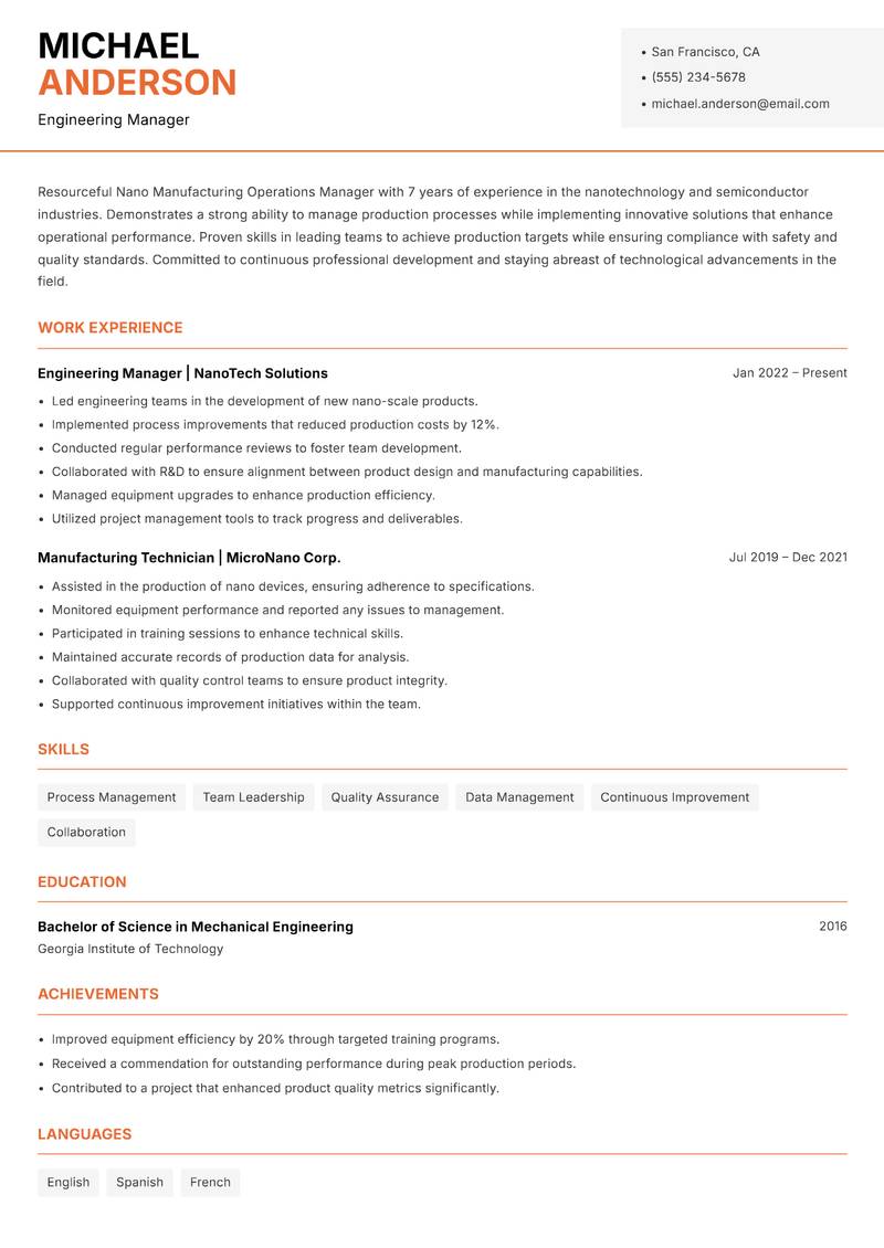 Nano Manufacturing Operations Manager resume template — Modern Professional