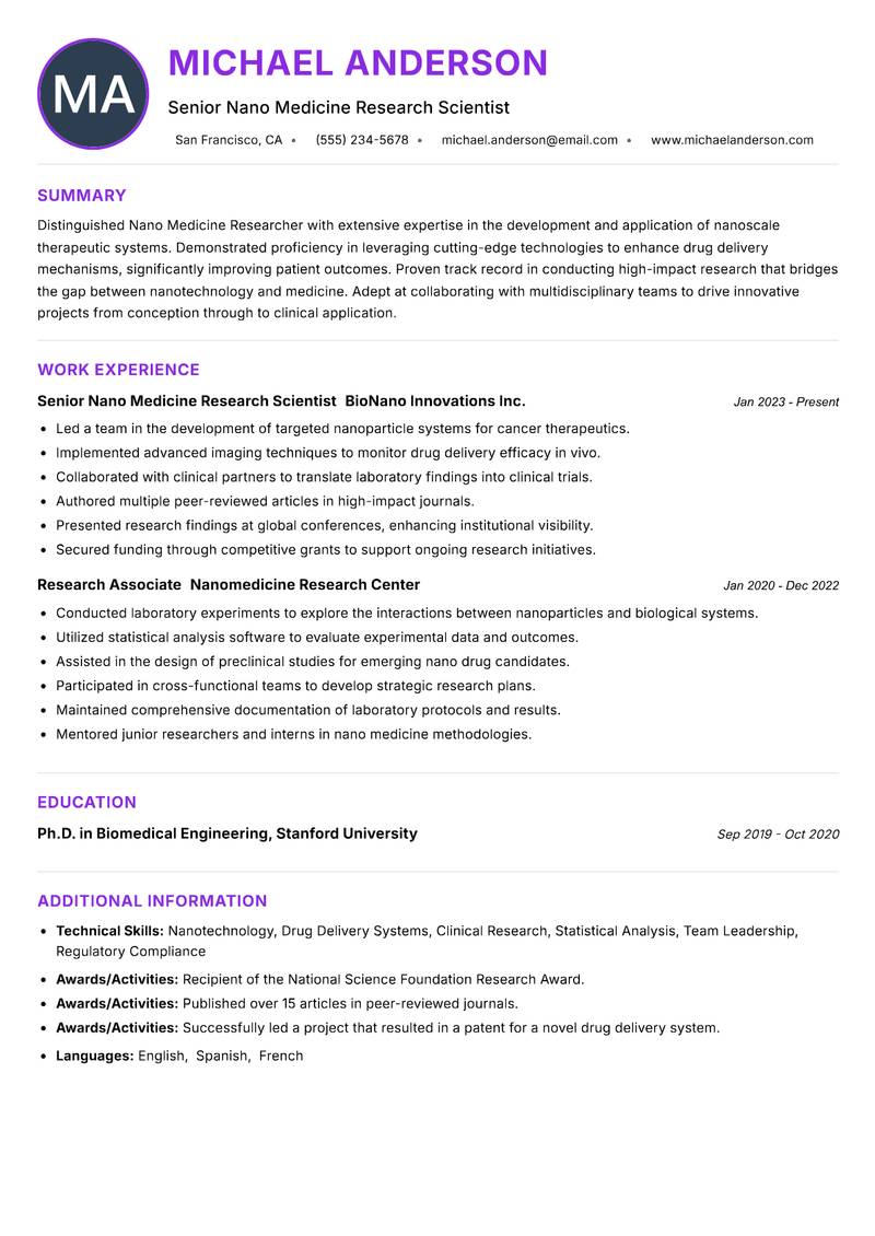 Nano Medicine Researcher resume example — ATS-friendly template