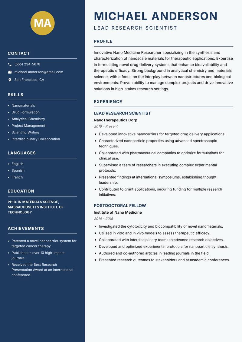 Nano Medicine Researcher resume template — Classic Clean
