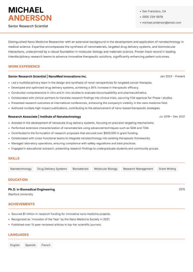 Nano Medicine Researcher resume template — Modern Professional