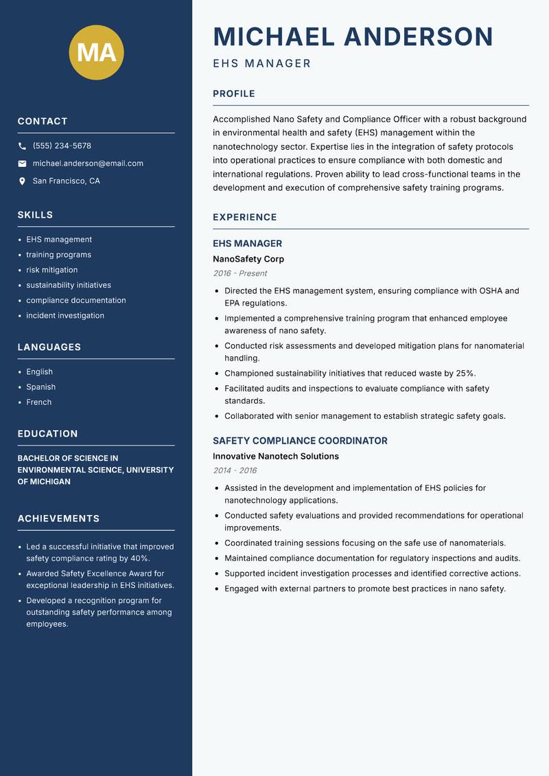 Nano Safety and Compliance Officer resume template — Classic Clean