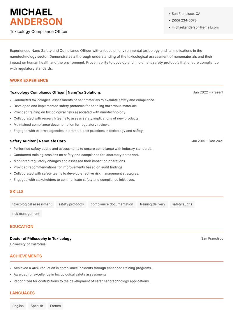 Nano Safety and Compliance Officer resume template — Modern Professional