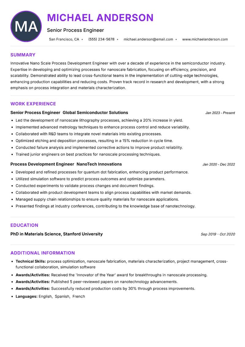 Nano Scale Process Development Engineer resume example — ATS-friendly template