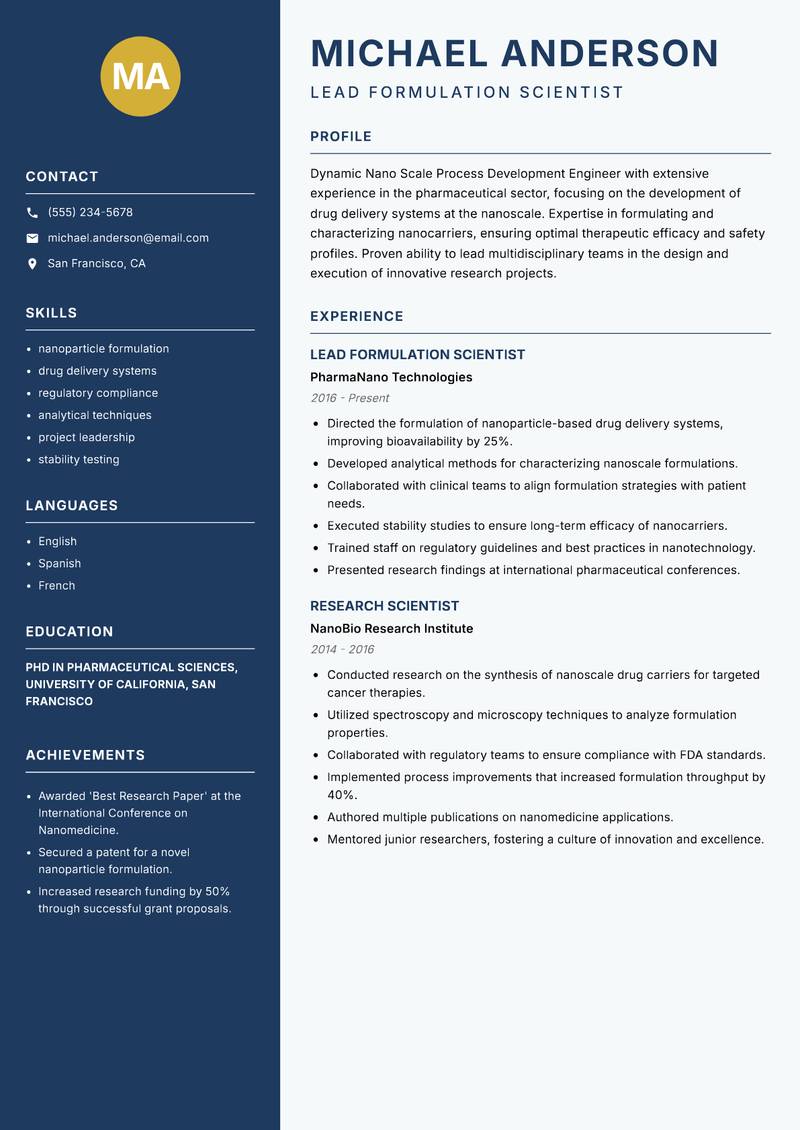 Nano Scale Process Development Engineer resume template — Classic Clean