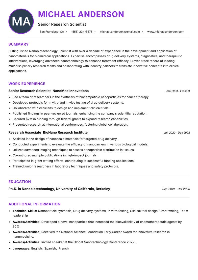 Nanobiotechnology Scientist resume example — ATS-friendly template