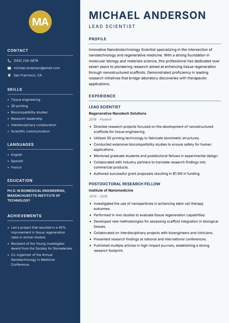 Nanobiotechnology Scientist resume template — Classic Clean
