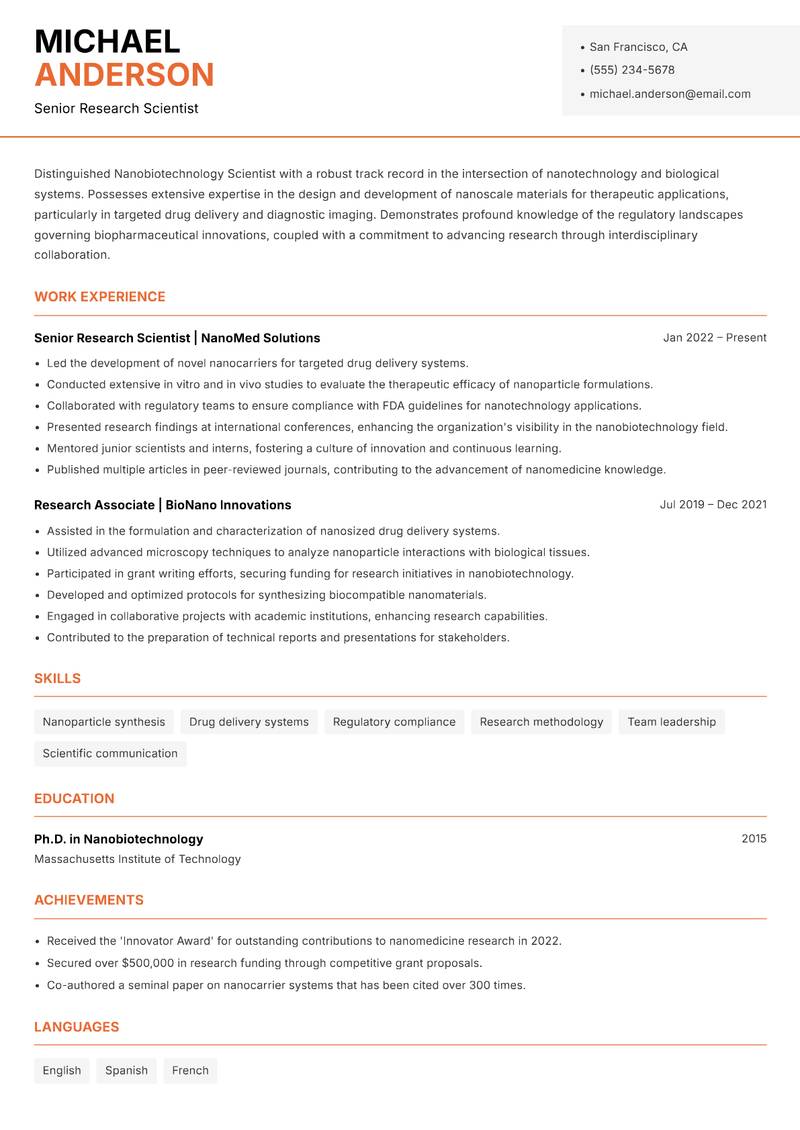Nanobiotechnology Scientist resume template — Modern Professional