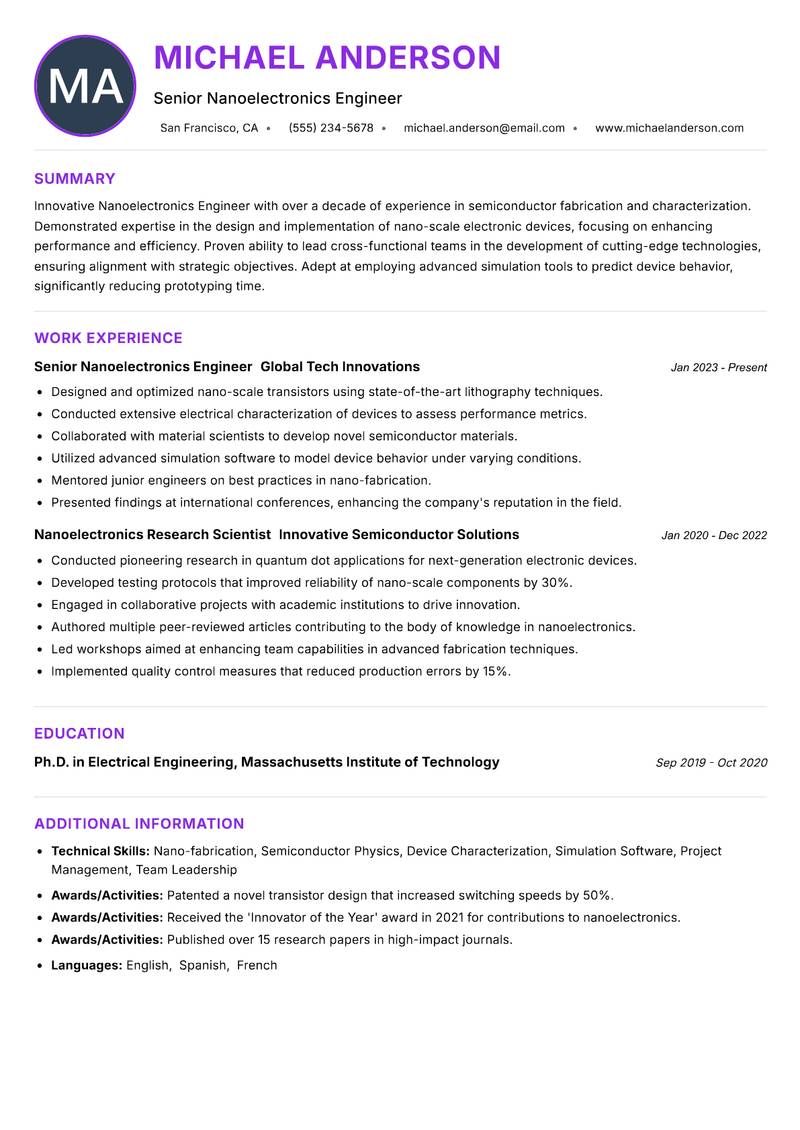 Nanoelectronics Engineer resume example — ATS-friendly template