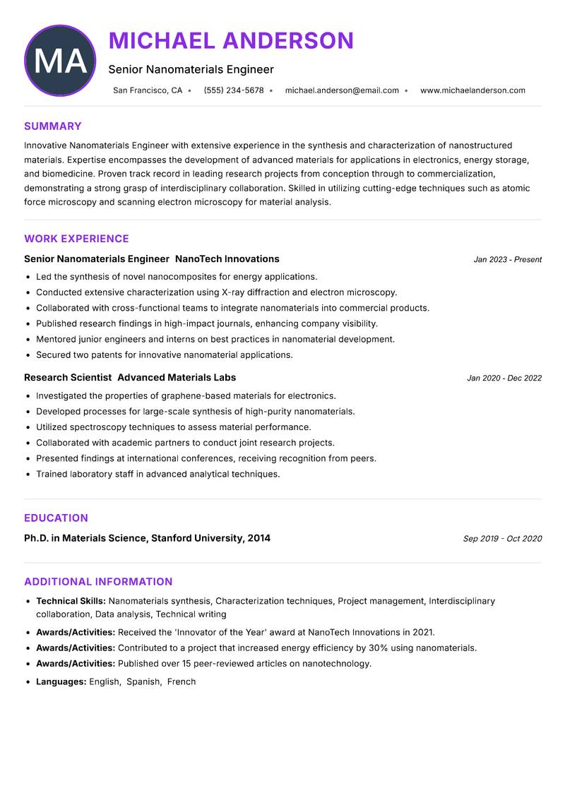 Nanomaterials Engineer resume example — ATS-friendly template