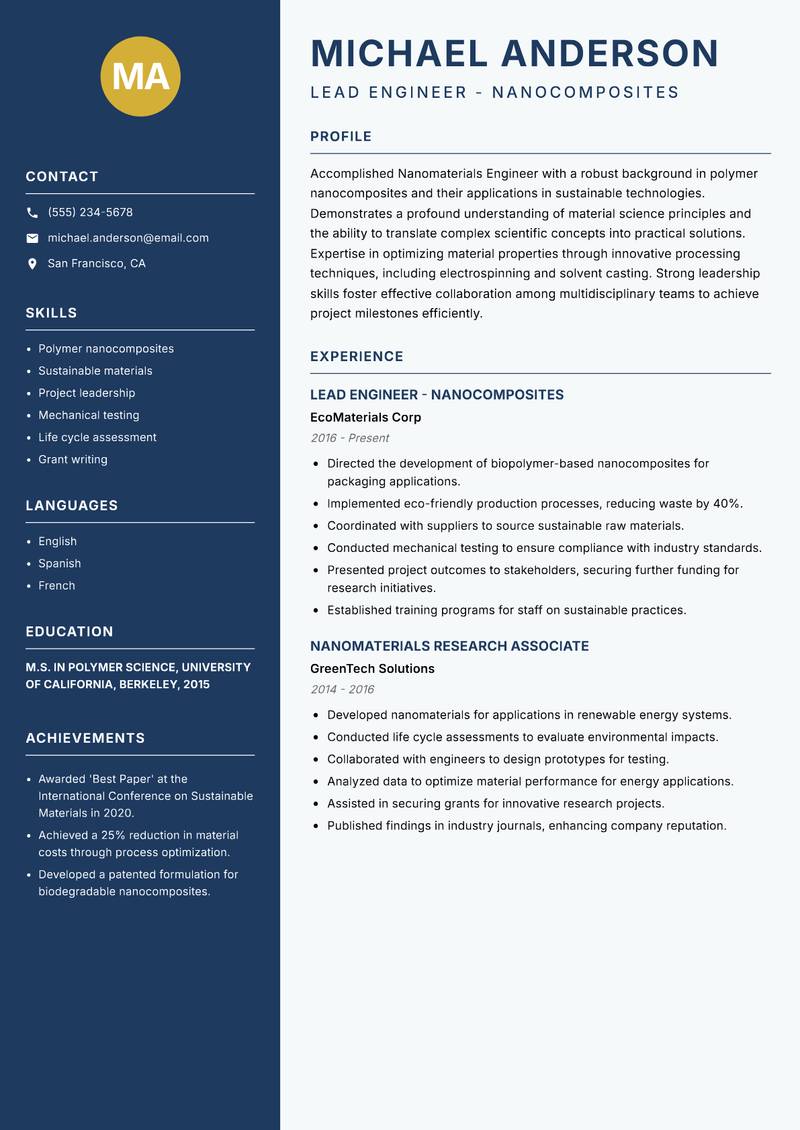 Nanomaterials Engineer resume template — Classic Clean