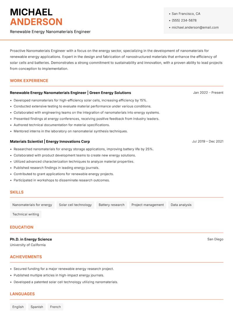 Nanomaterials Engineer resume template — Modern Professional