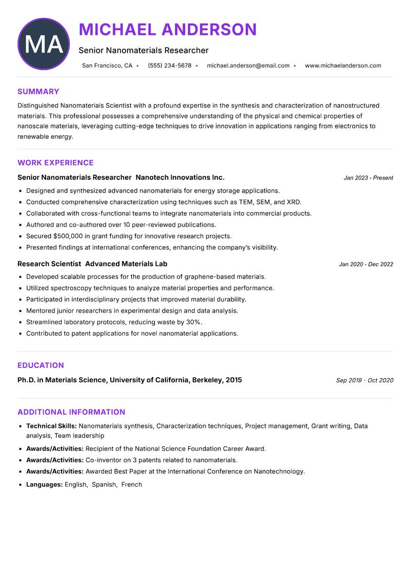 Nanomaterials Scientist resume example — ATS-friendly template