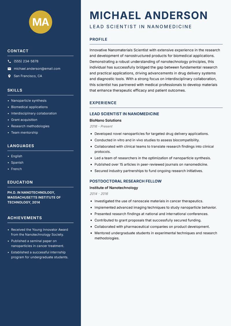 Nanomaterials Scientist resume template — Classic Clean