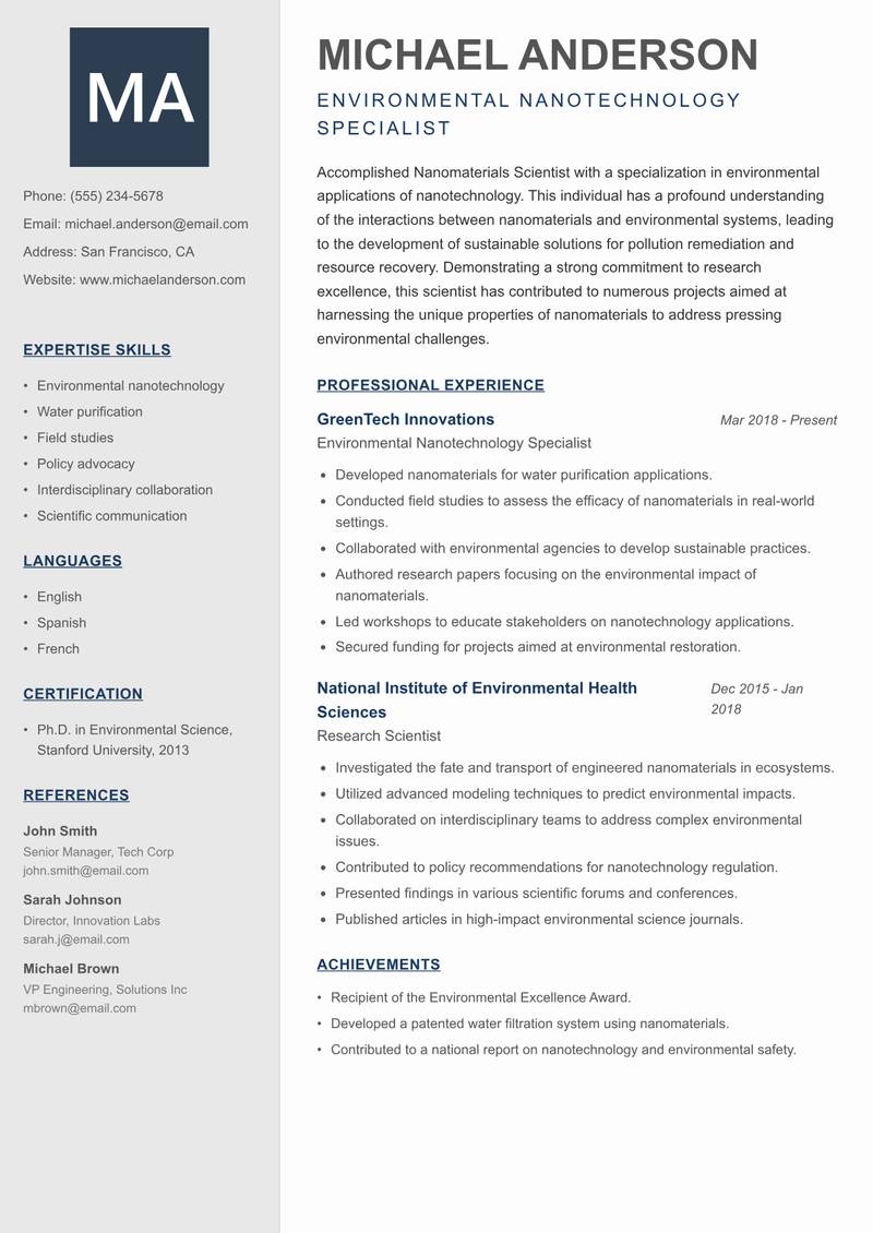 Nanomaterials Scientist resume template — Creative Minimal