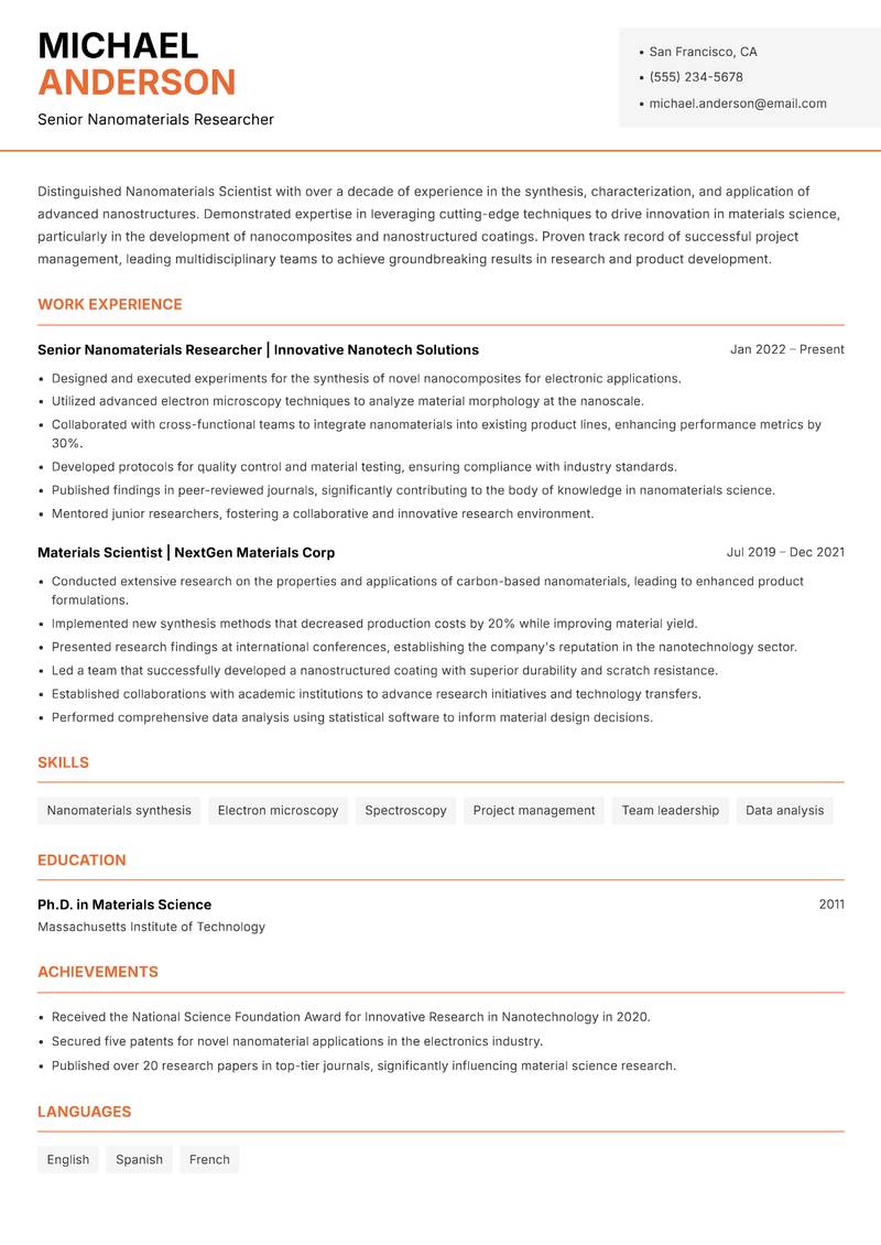Nanomaterials Scientist resume template — Modern Professional