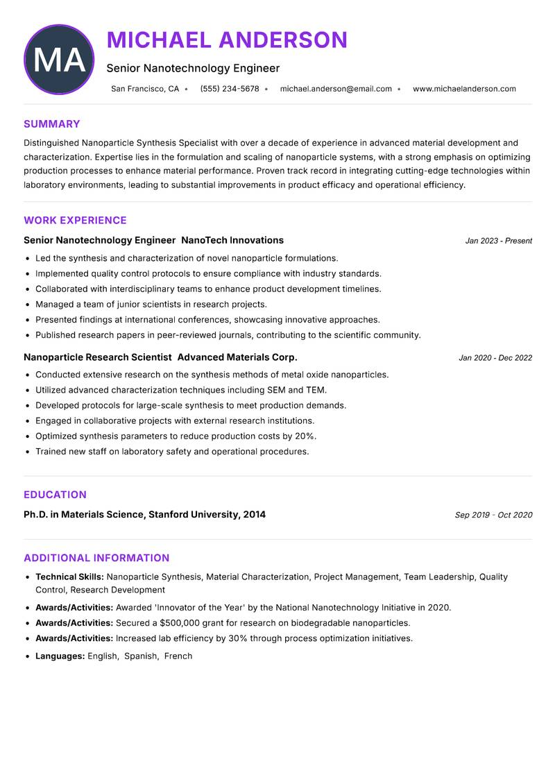 Nanoparticle Synthesis Specialist resume example — ATS-friendly template