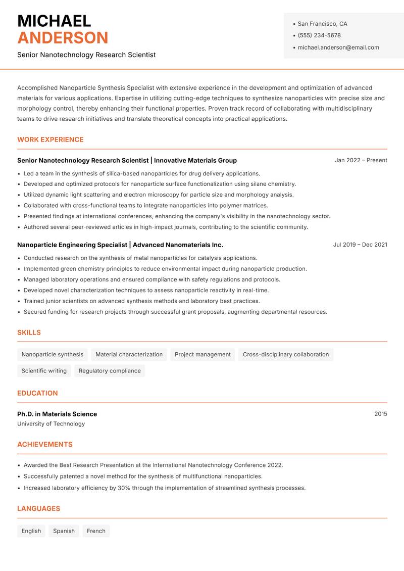 Nanoparticle Synthesis Specialist resume template — Modern Professional