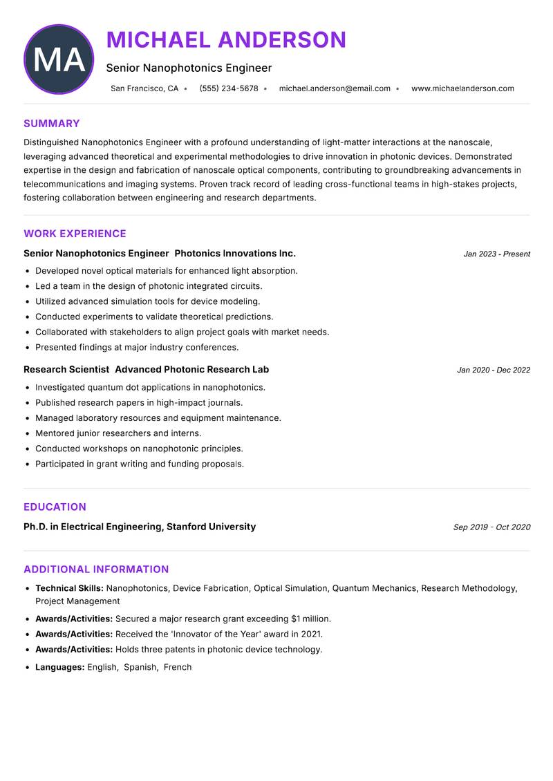 Nanophotonics Engineer resume example — ATS-friendly template