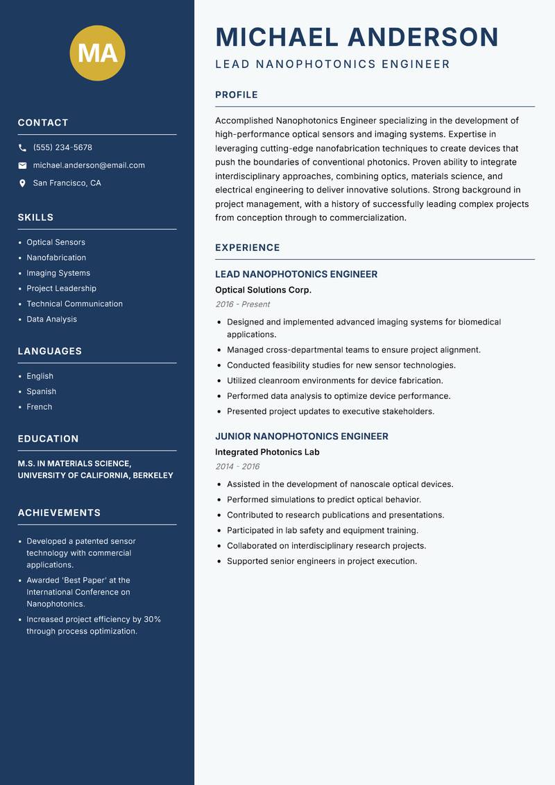 Nanophotonics Engineer resume template — Classic Clean