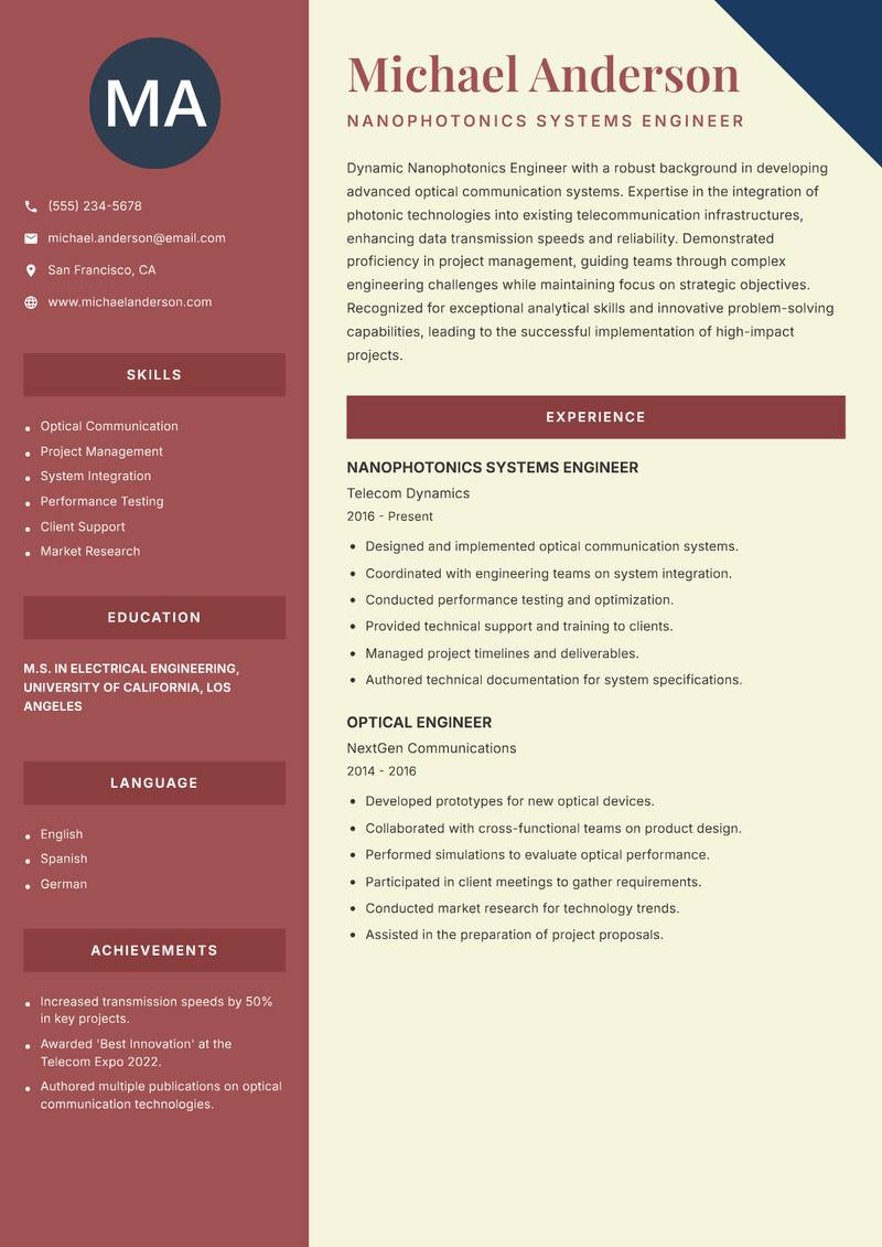 Nanophotonics Engineer resume template — Two Column