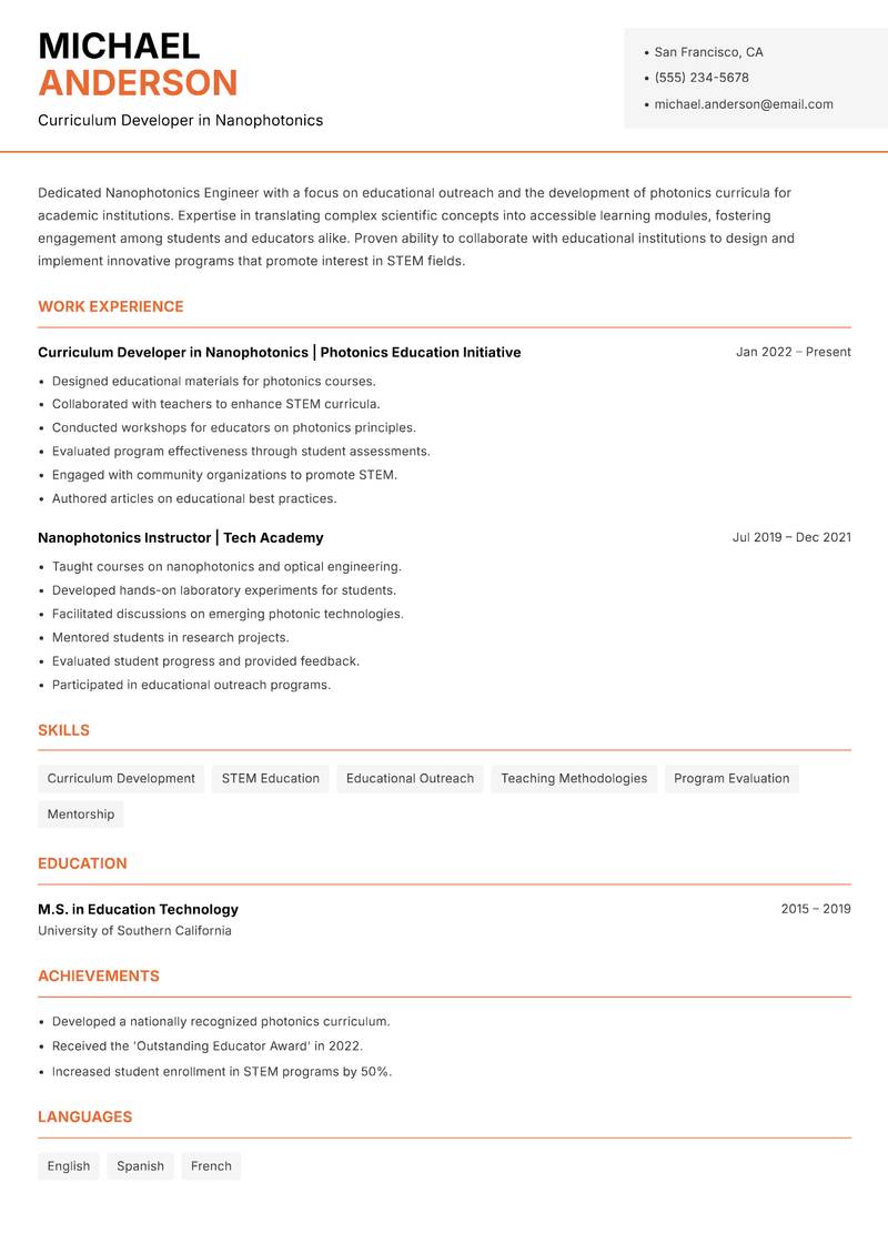 Nanophotonics Engineer resume template — Modern Professional