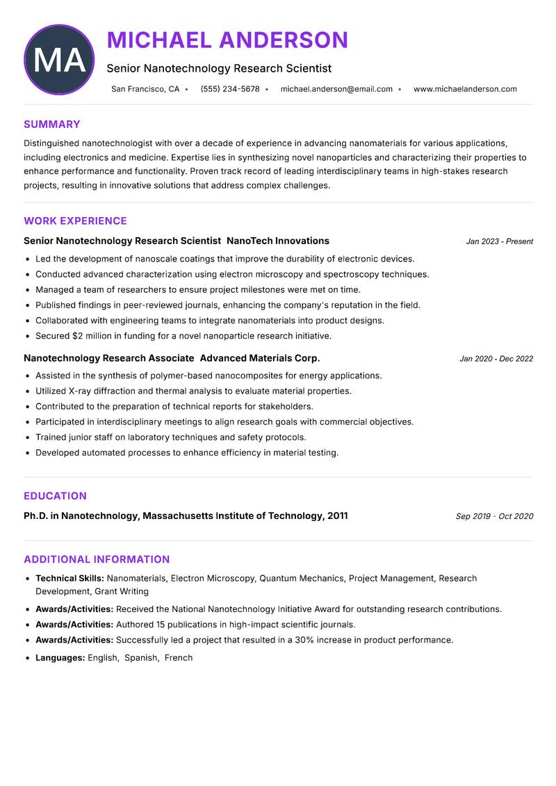 Nanotechnologist resume example — ATS-friendly template