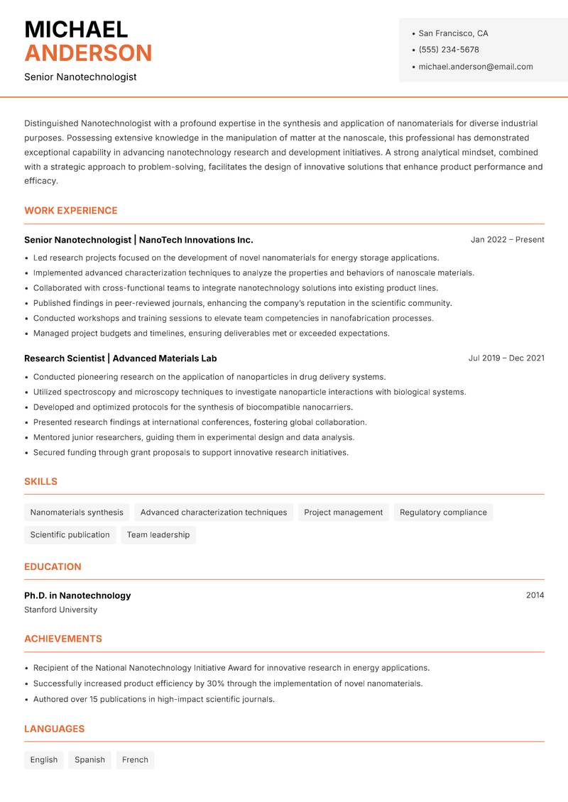 Nanotechnologist resume template — Modern Professional