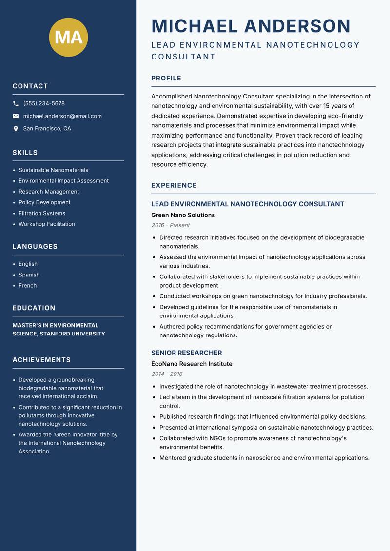 Nanotechnology Consultant resume template — Classic Clean