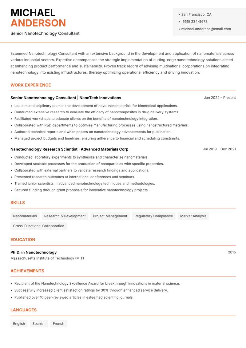 Nanotechnology Consultant resume template — Modern Professional