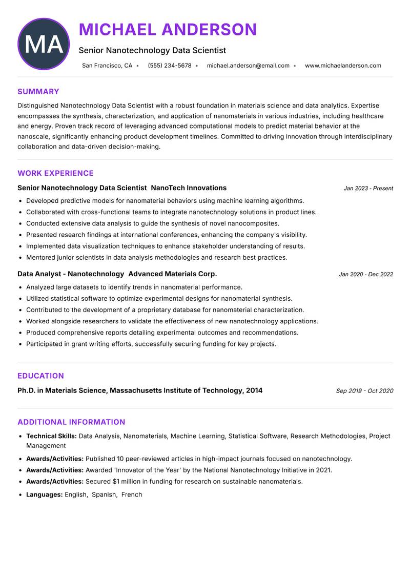 Nanotechnology Data Scientist resume example — ATS-friendly template