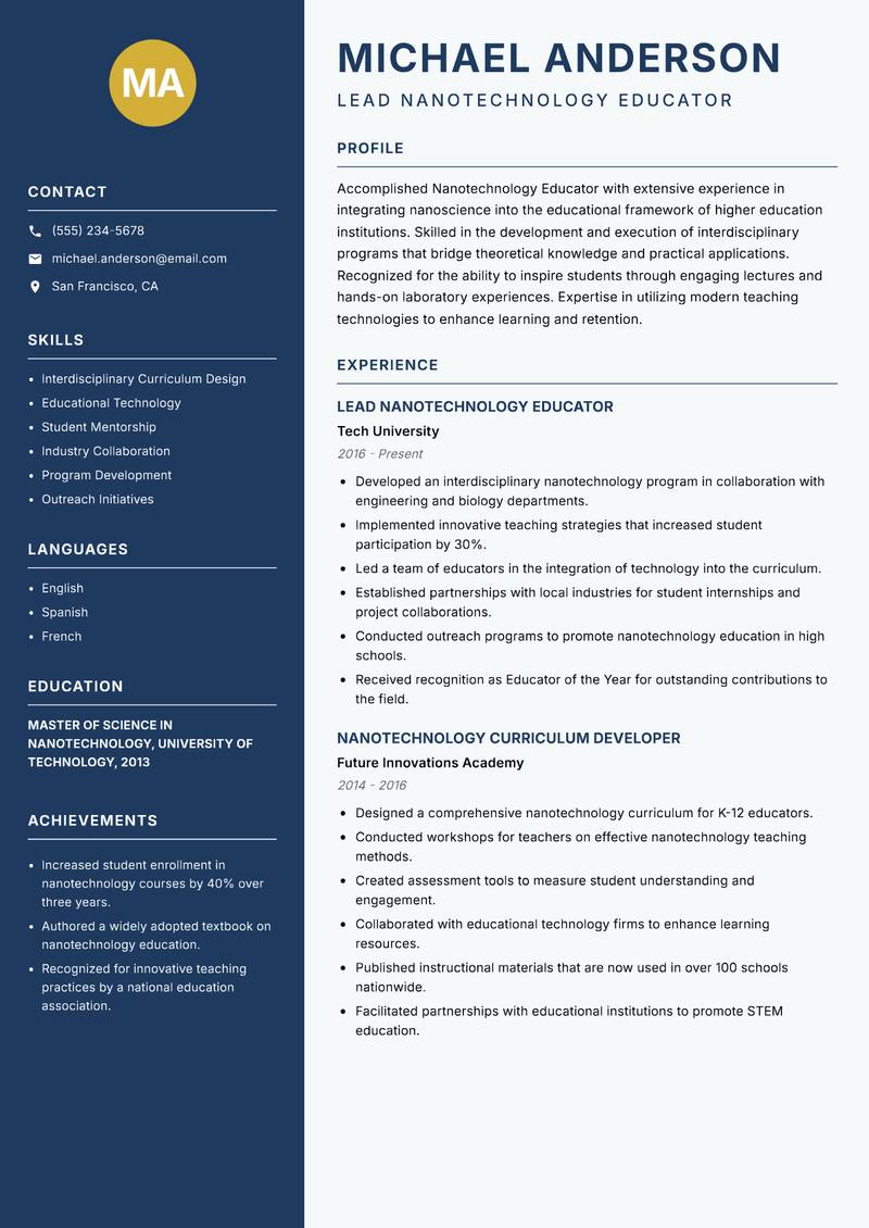Nanotechnology Educator resume template — Classic Clean