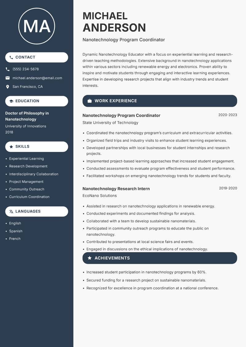 Nanotechnology Educator resume template — Compact