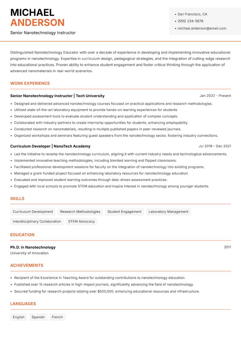 Nanotechnology Educator resume template — Modern Professional