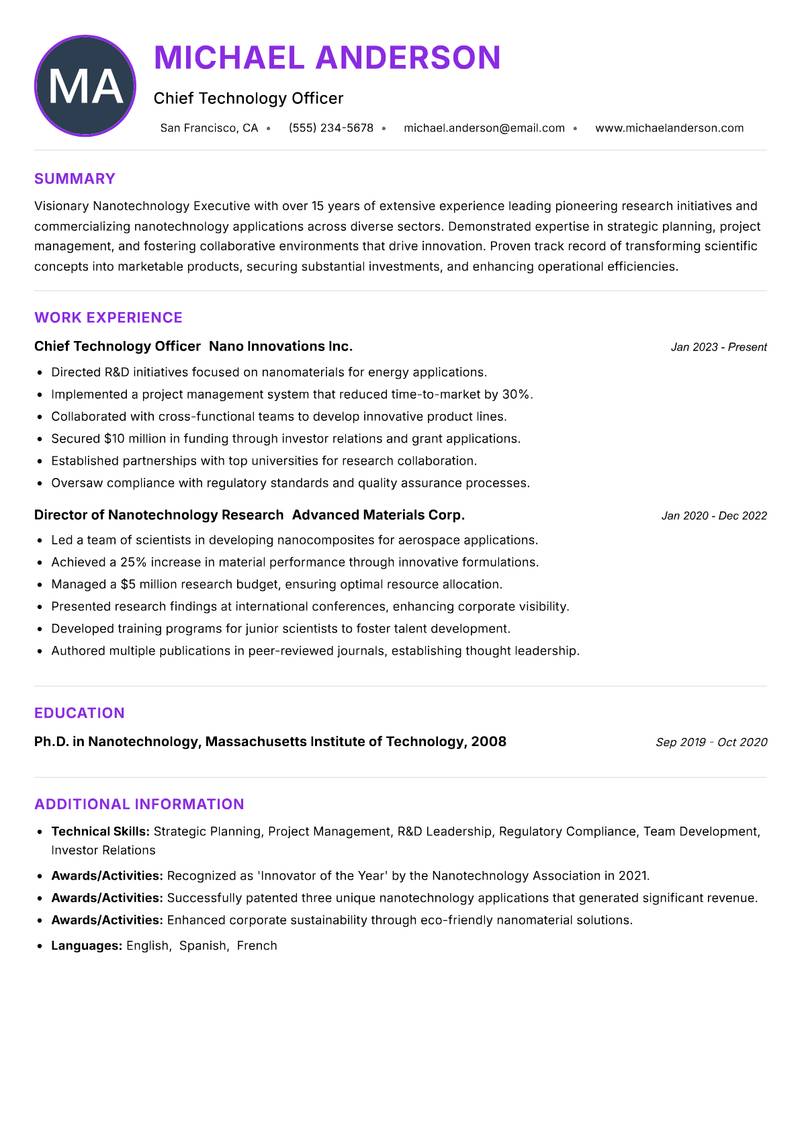 Nanotechnology Executive resume example — ATS-friendly template