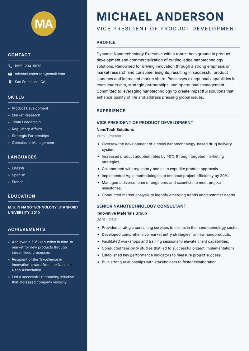 Nanotechnology Executive resume template — Classic Clean