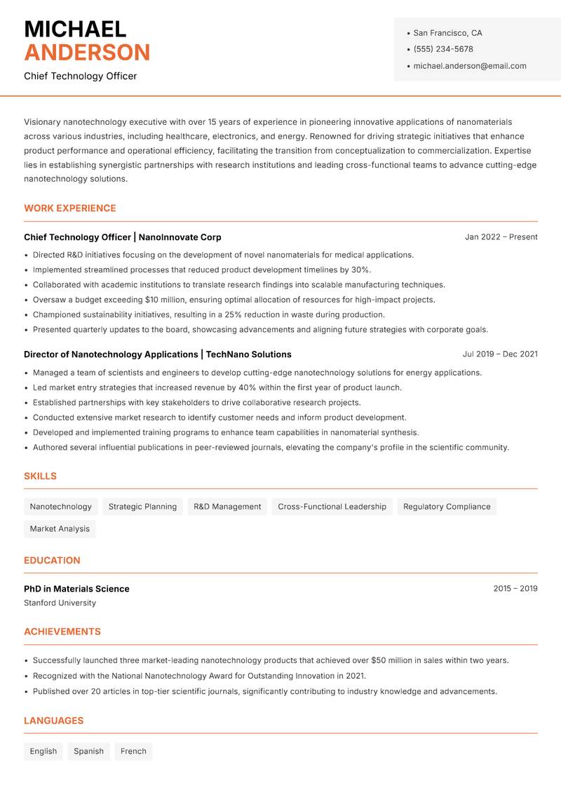 Nanotechnology Executive resume template — Modern Professional