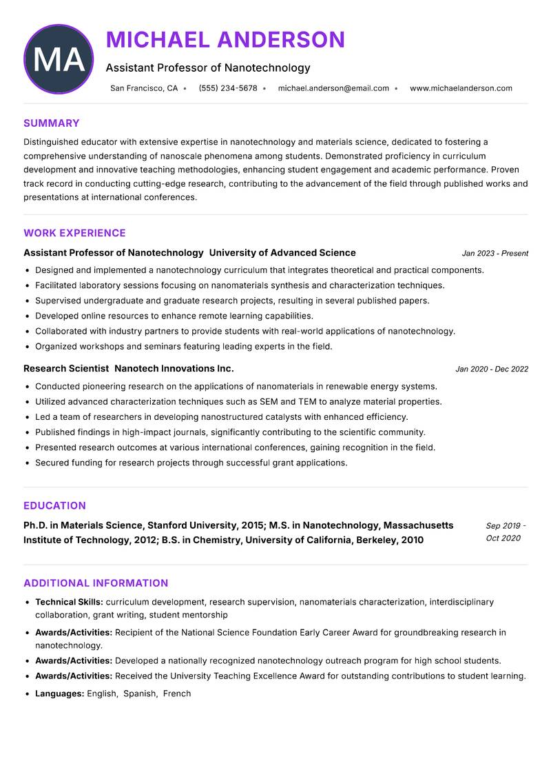 Nanotechnology Instructor resume example — ATS-friendly template