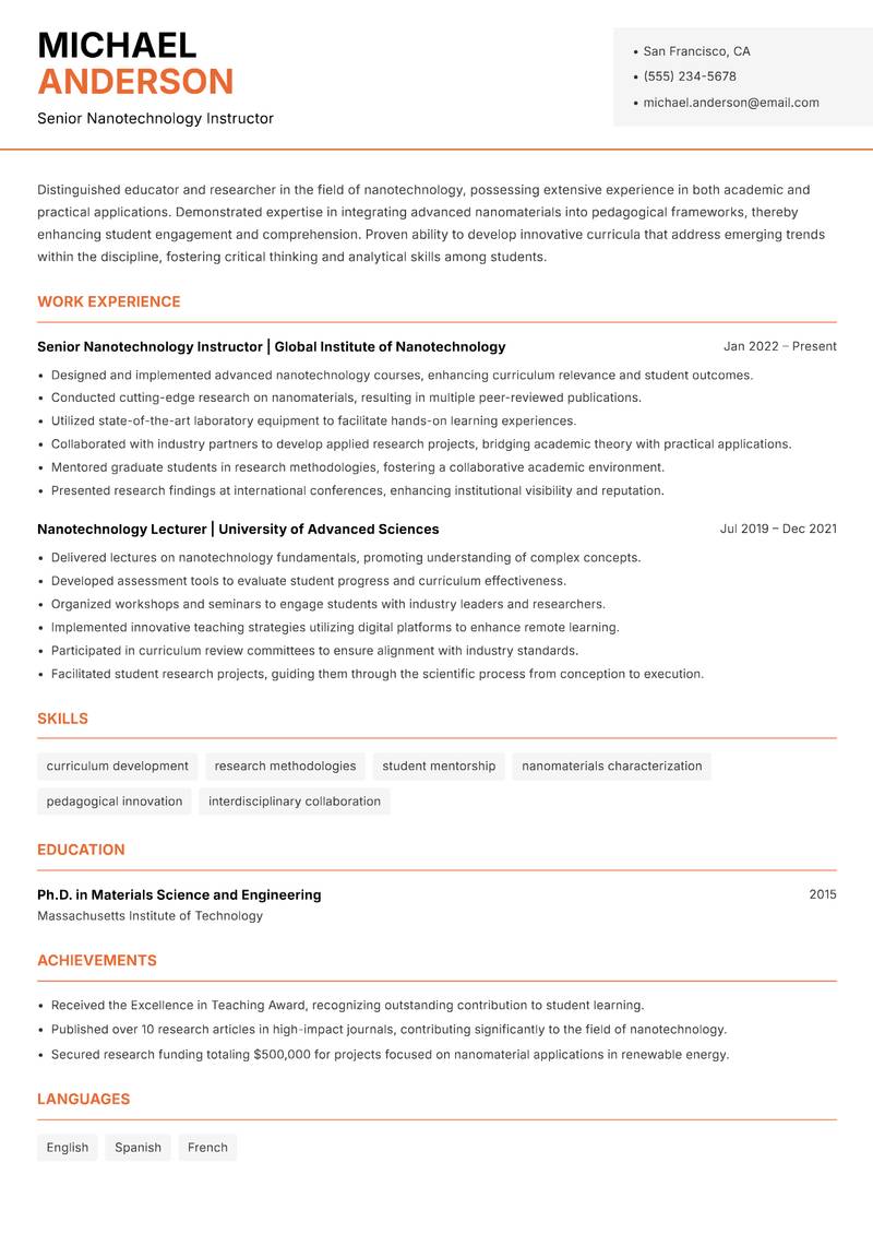 Nanotechnology Instructor resume template — Modern Professional