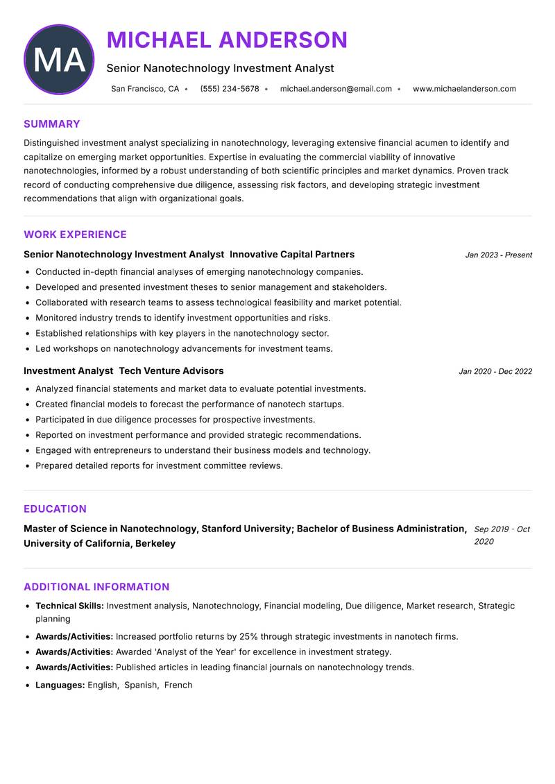 Nanotechnology Investment Analyst resume example — ATS-friendly template