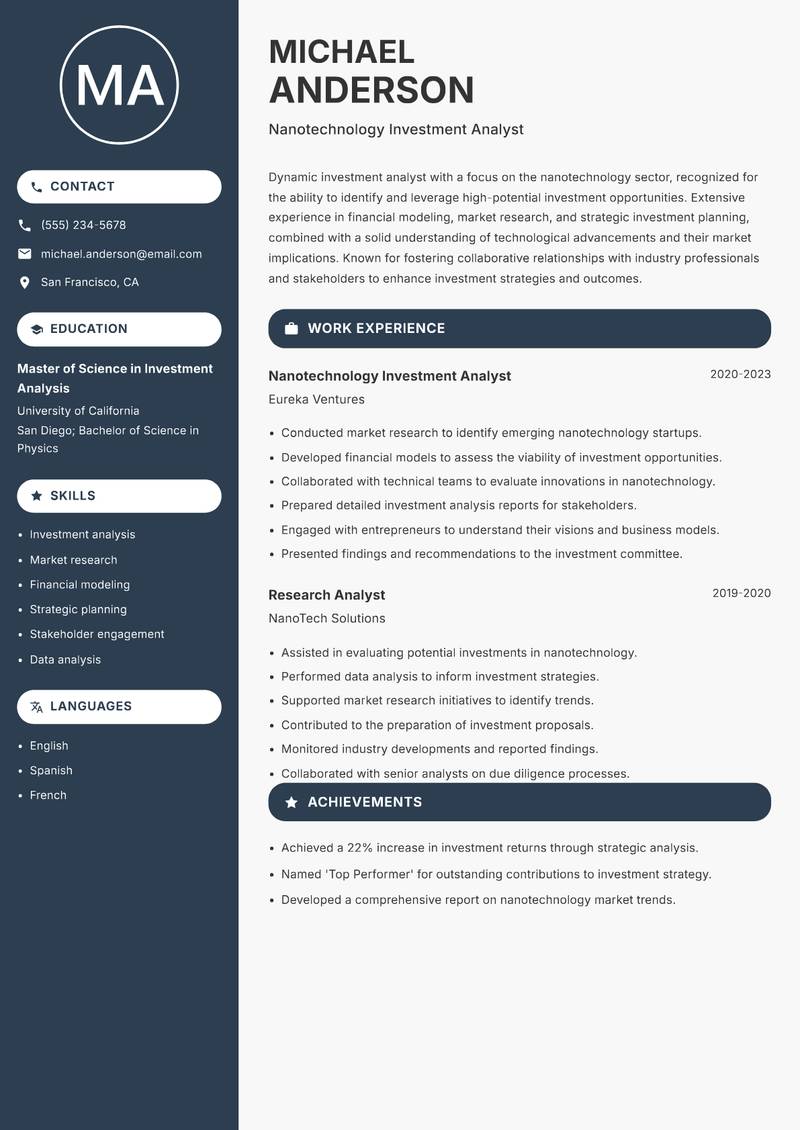Nanotechnology Investment Analyst resume template — Compact