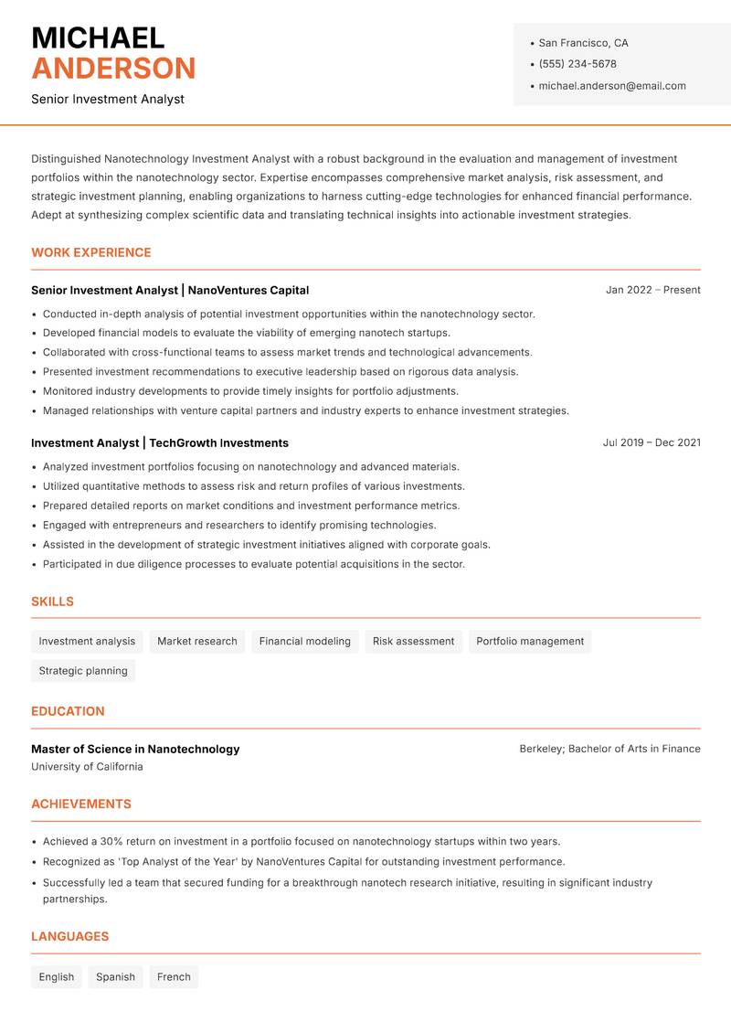 Nanotechnology Investment Analyst resume template — Modern Professional