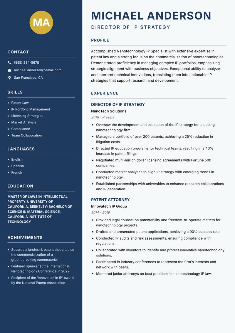Nanotechnology IP Specialist resume template — Classic Clean