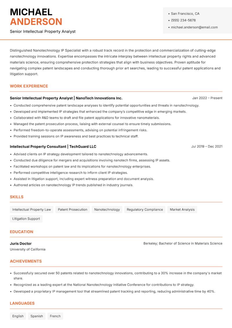 Nanotechnology IP Specialist resume template — Modern Professional