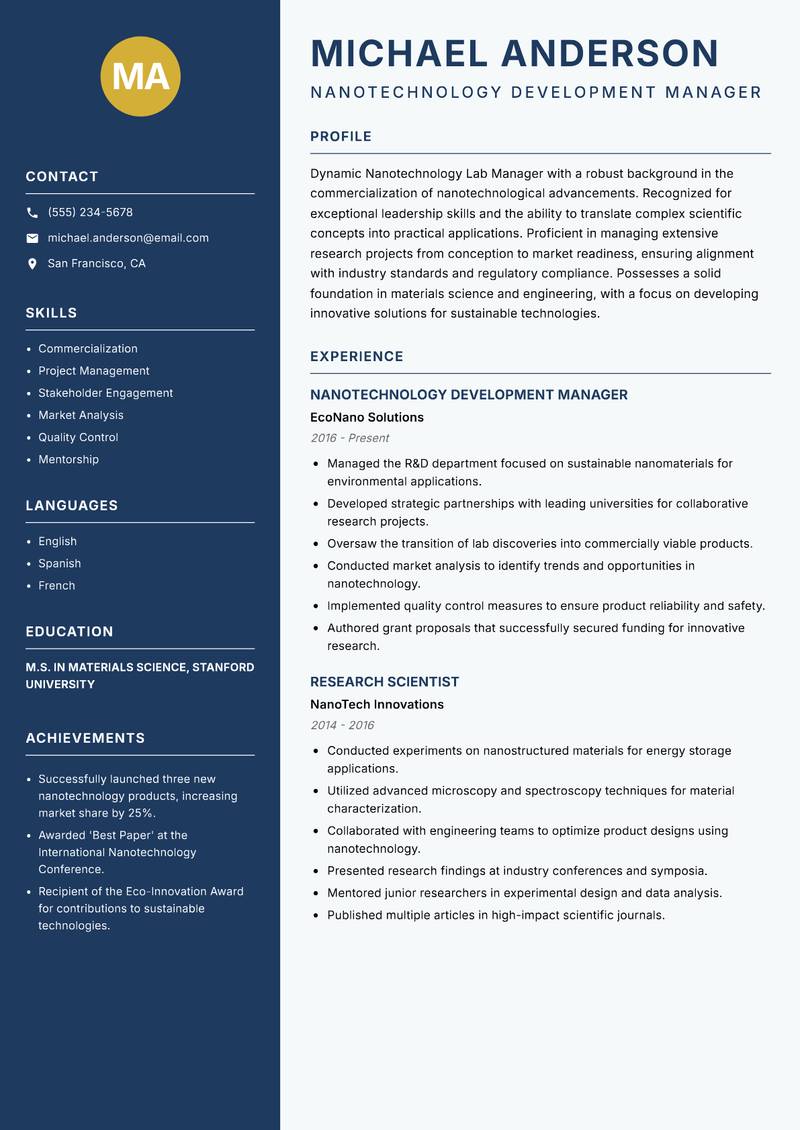 Nanotechnology Lab Manager resume template — Classic Clean