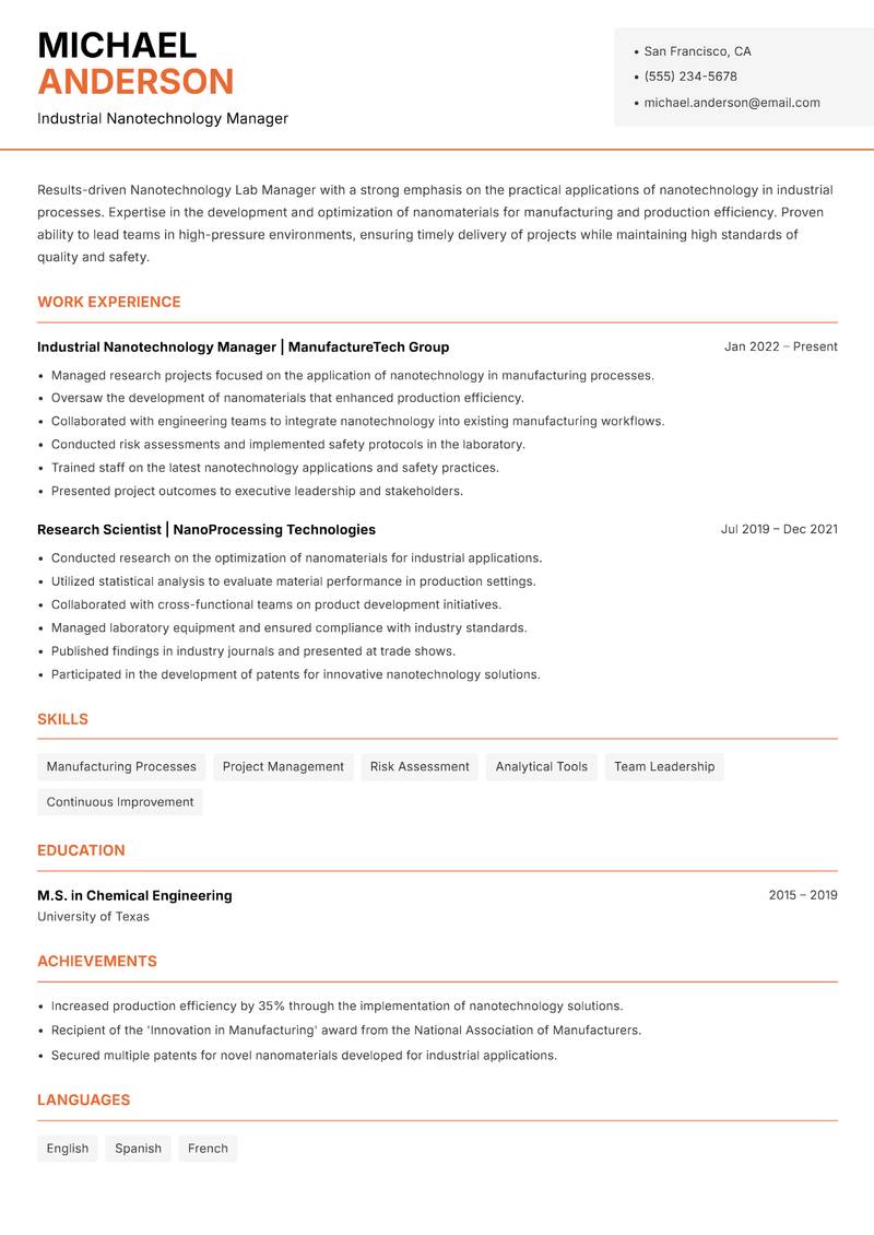 Nanotechnology Lab Manager resume template — Modern Professional