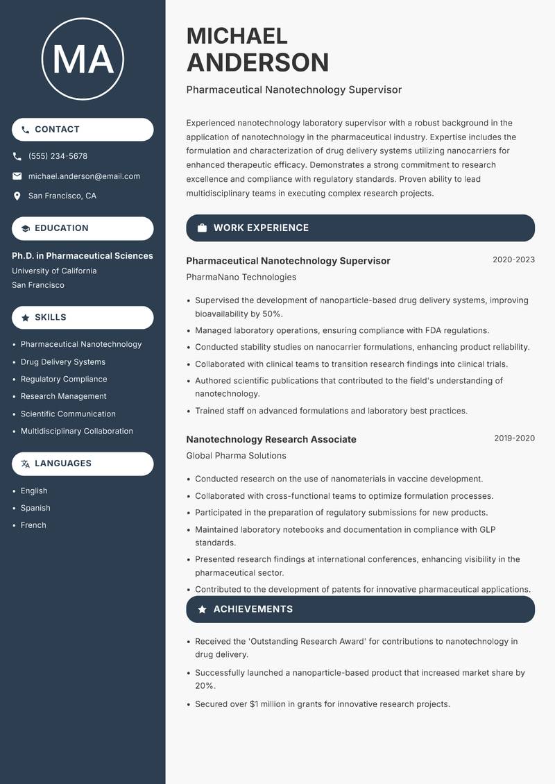 Nanotechnology Laboratory Supervisor resume template — Compact