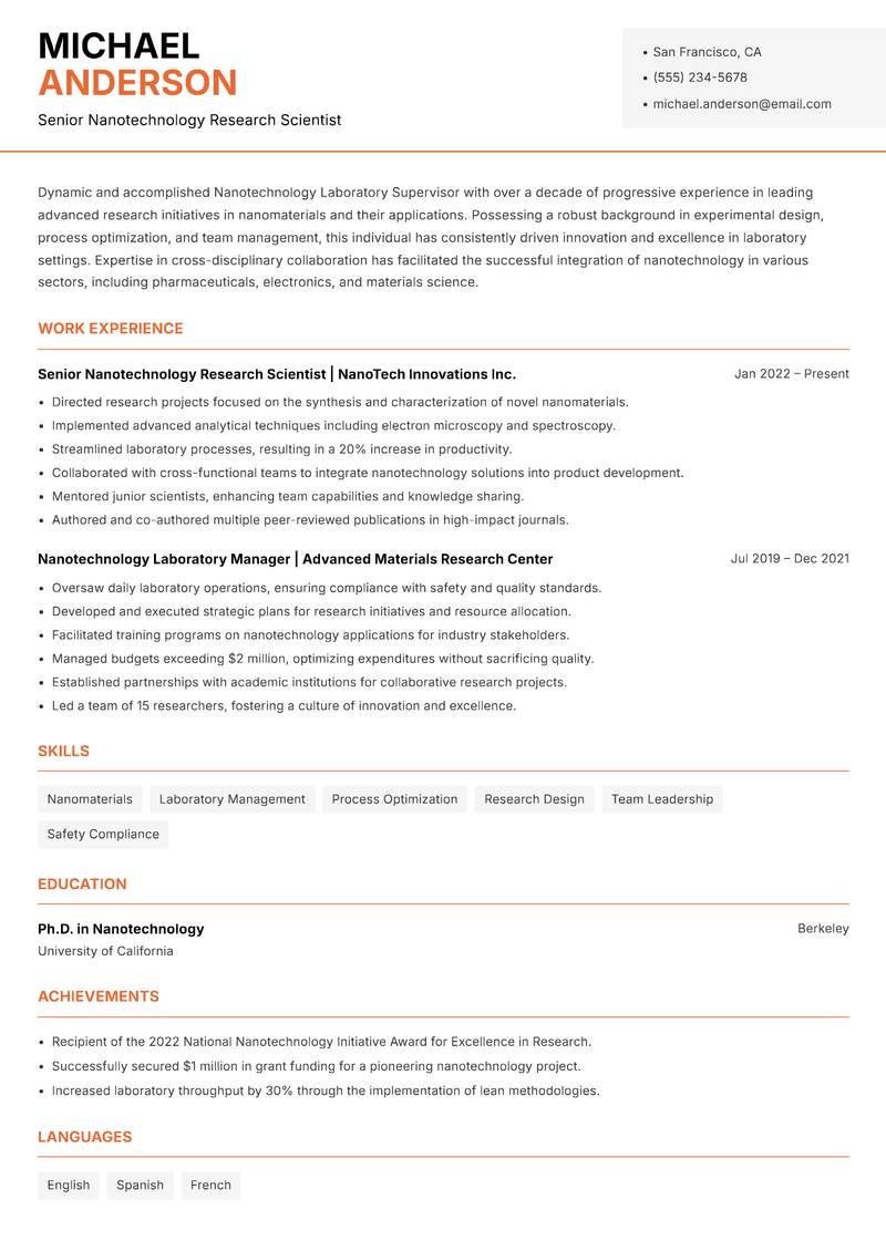 Nanotechnology Laboratory Supervisor resume template — Modern Professional
