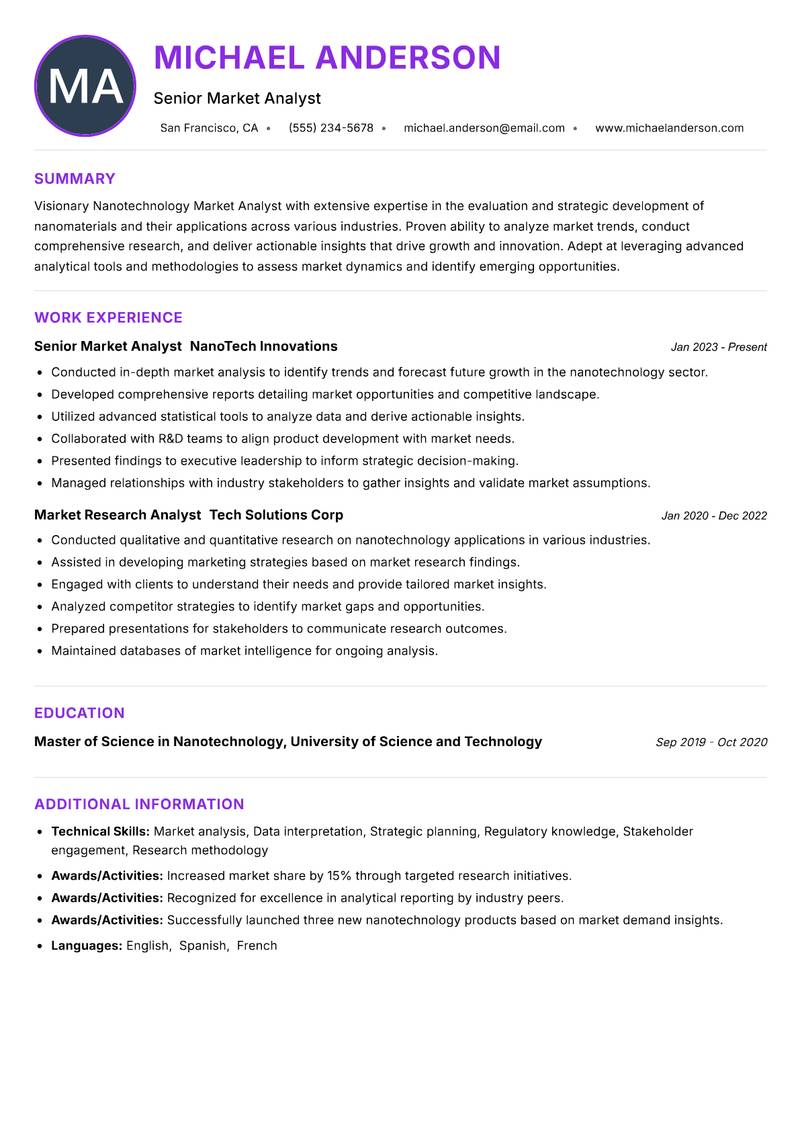 Nanotechnology Market Analyst resume example — ATS-friendly template