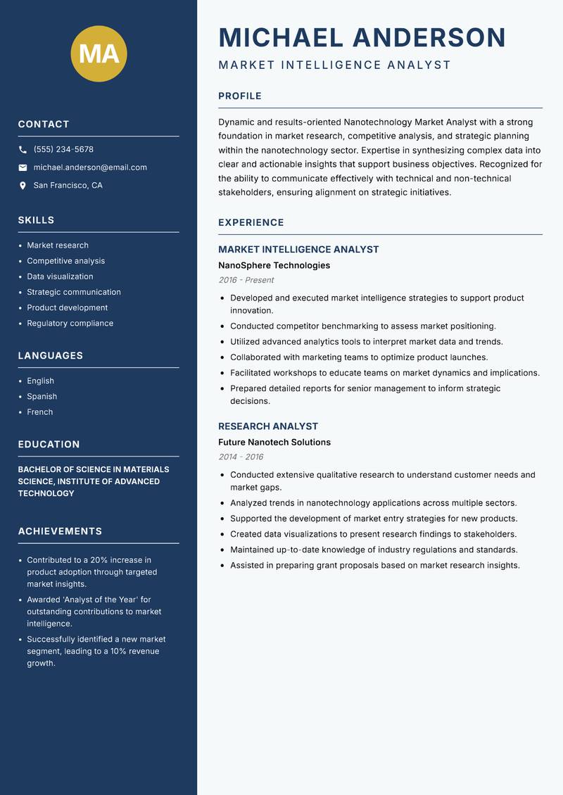 Nanotechnology Market Analyst resume template — Classic Clean