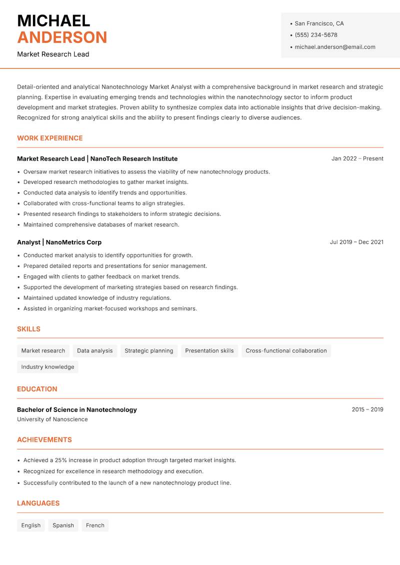 Nanotechnology Market Analyst resume template — Modern Professional